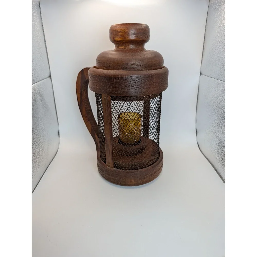 Vintage Rustic Wood Mesh Lantern Amber Glass Votive Candle Holder with Handle